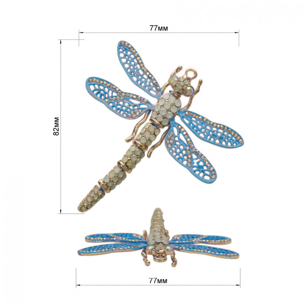 Украшение пришивное металлическое, стрекоза, цвет золото+голубой